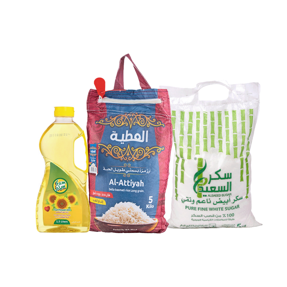 باكج أرز العطية مزة بسمتي5 كجم+السعيد سكر أبيض ناعم 5 كجم + سام زيت دوار الشمس النقي 1.5 لتر