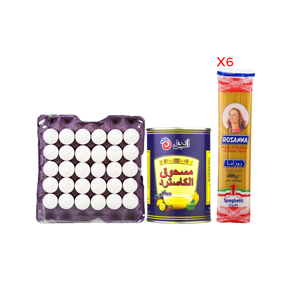باكج روزانا 6 حبات مكرونة سباجيتي طويلة 400 جم + طبق بيض طازج 30 حبة + أنجل مسحوق الكاسترد 300 جم 