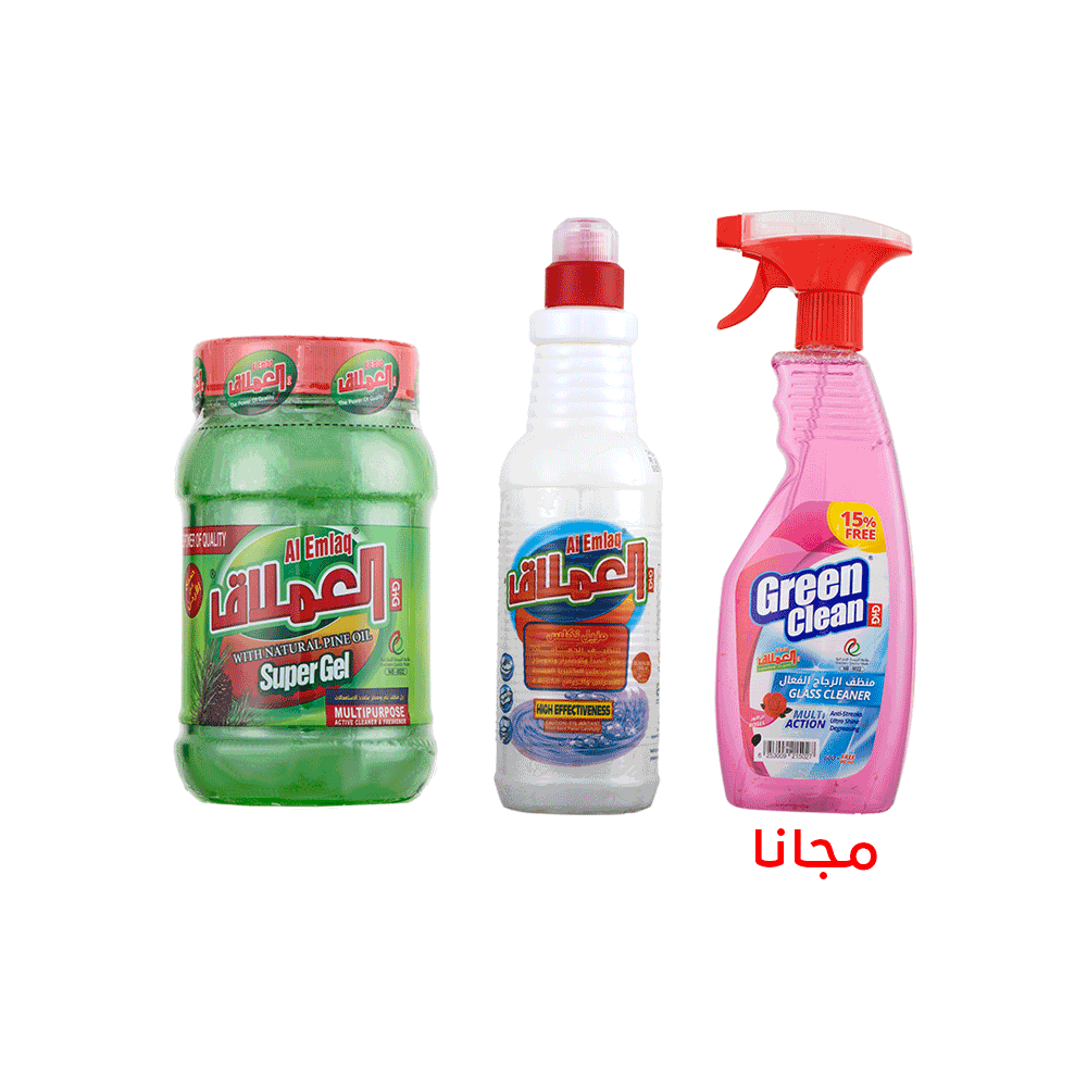 العملاق سوبر جل صنوبر 1 كجم + فلاش منظف مراحيض 1 لتر + جرين كلين منظف زجاج برائحة الورد 690 مل مجانا