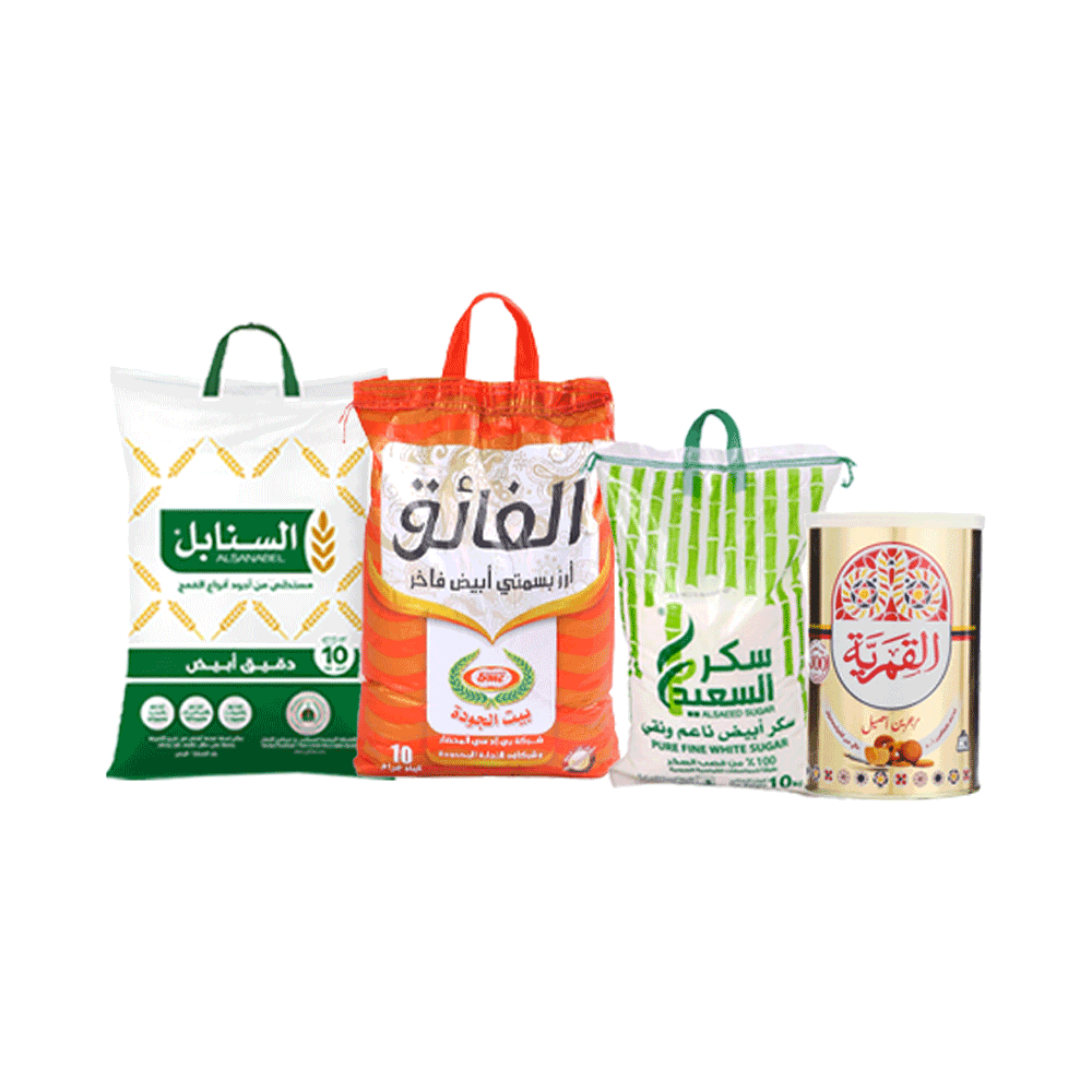 أرز الفائق بسمتي أبيض 10 كجم + دقيق السنابل أبيض 10 كجم + سكر السعيد 10 كجم+سمن القمرية 900 جم
