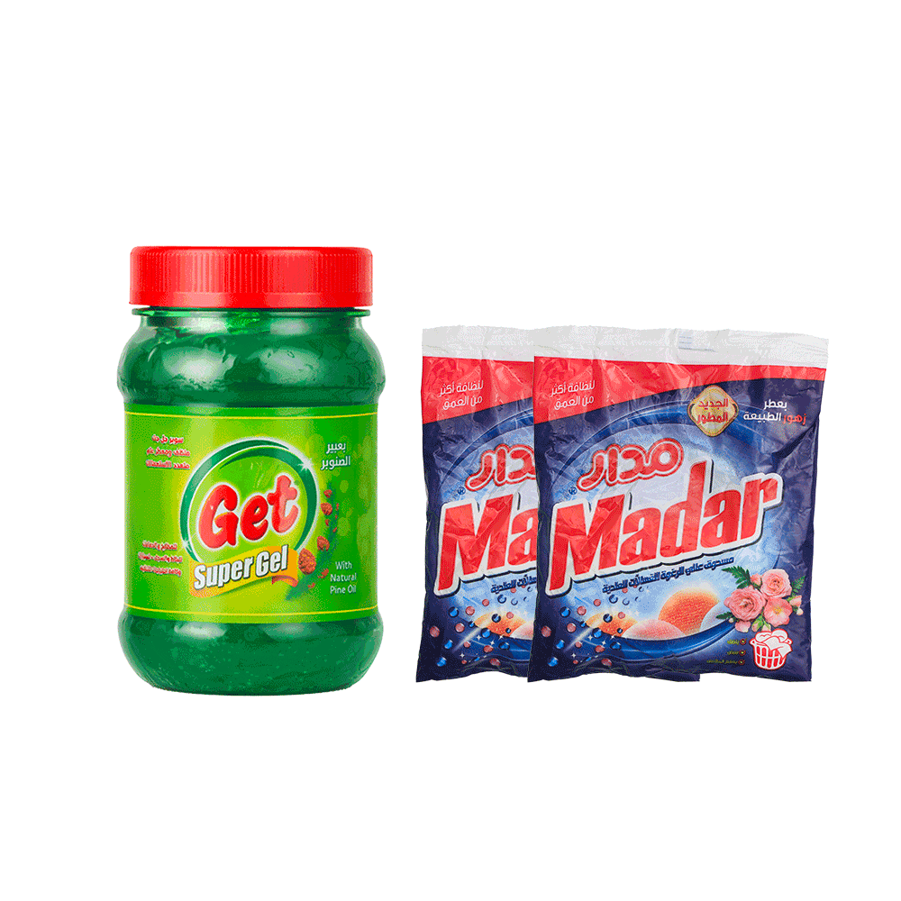 باكج سوبر جل جيت منظف ومعطر برائحة عبير الصنوبر 900 مل + مسحوق مدار 100 جم قطعتين