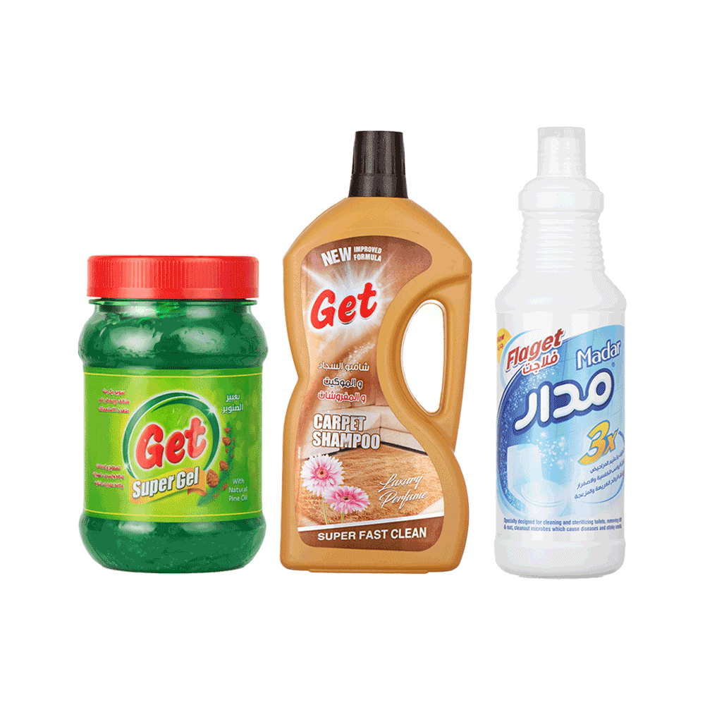 باكج فلاش مدار فلاجت منظف ومعقم المراحيض 800 مل + سوبر جل جيت برائحة عبير الصنوبر 450 مل + شامبو جيت منظف للسجاد 850 مل