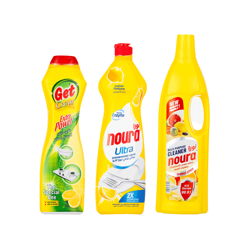 باكج سائل جلي نورا الترا برائحة الليمون 800 مل + كريم جت للأسطح الصلبة برائحة الليمون 500 مل + منظف نورا برائحة حمضيات الصيف 800 مل