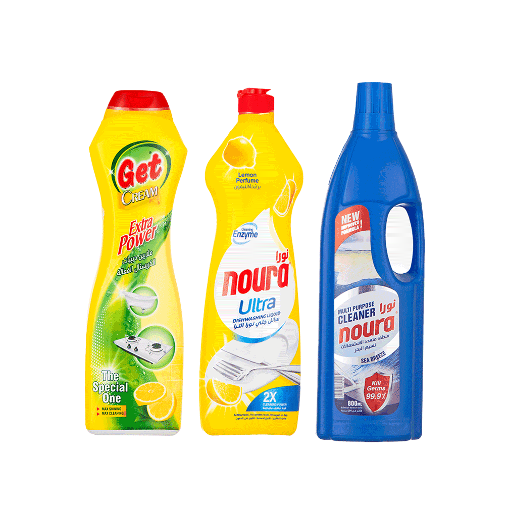 باكج سائل جلي نورا الترا برائحة الليمون 800 مل + كريم جت للأسطح الصلبة برائحة الليمون 500 مل + منظف نورا برائحة نسيم البحر 800 مل