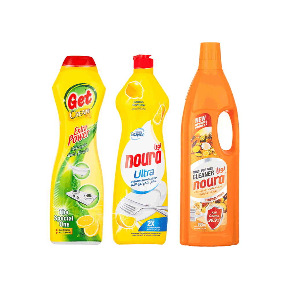 باكج سائل جلي نورا الترا برائحة الليمون 800 مل + كريم جت للأسطح الصلبة برائحة الليمون 500 مل + منظف نورا بالفواكه الاستوائية 800 مل