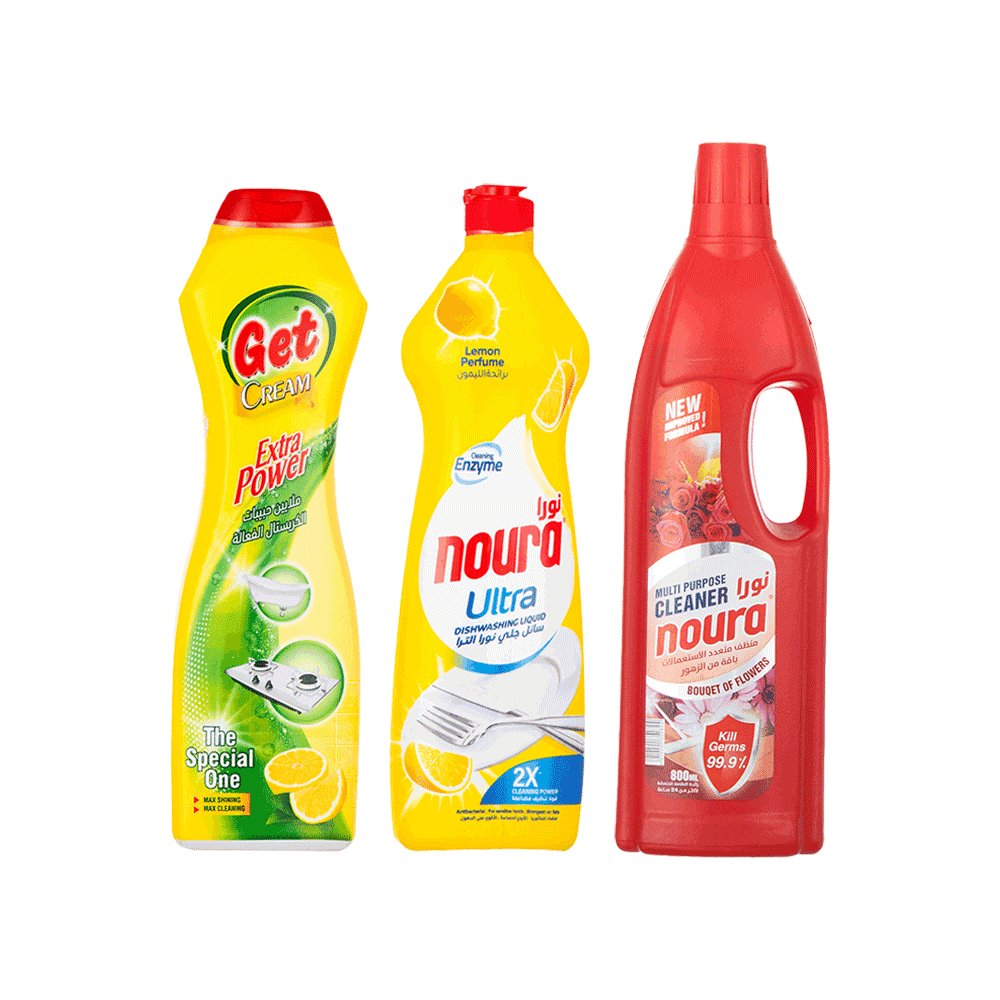 باكج سائل جلي نورا الترا برائحة الليمون 800 مل + كريم جت للأسطح الصلبة برائحة الليمون 500 مل + منظف نورا باقة من الزهور 800 مل