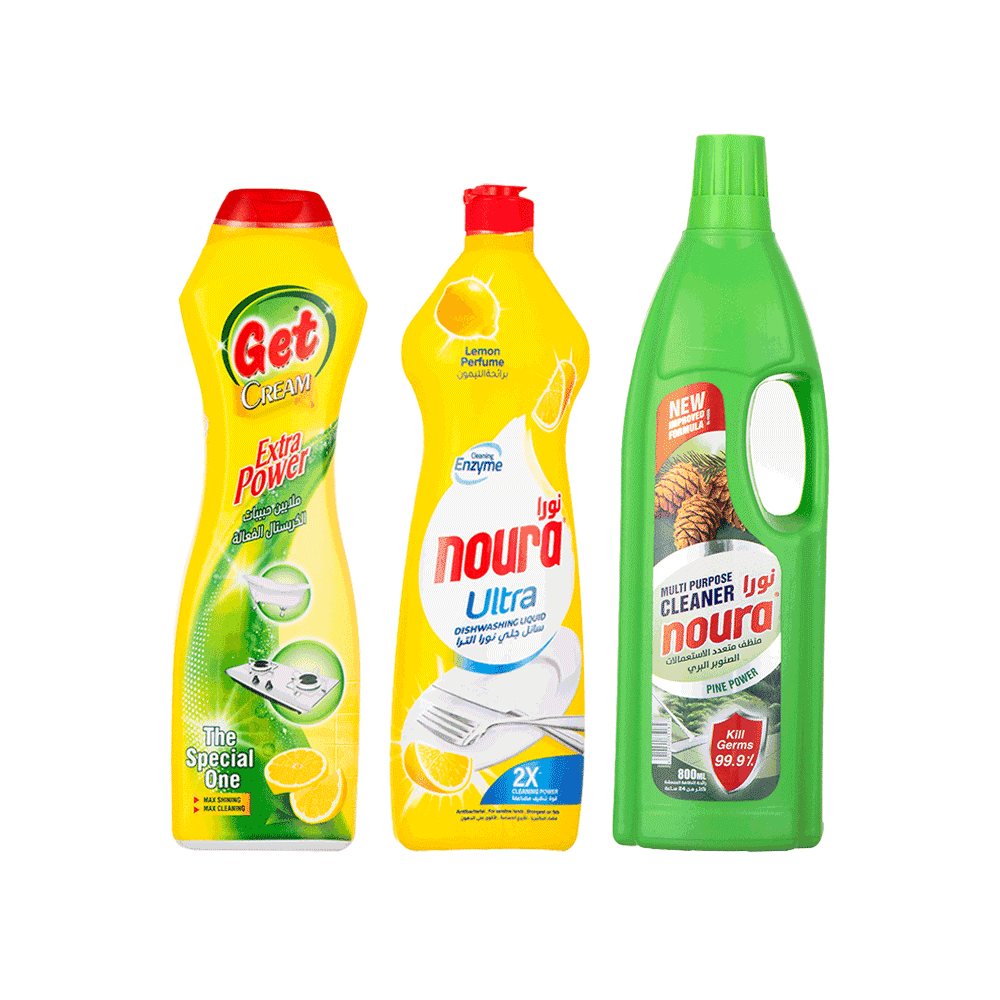 باكج سائل جلي نورا الترا برائحة الليمون 800 مل + كريم جت للأسطح الصلبة برائحة الليمون 500 مل + منظف نورا بالصنوبر البري 800 مل