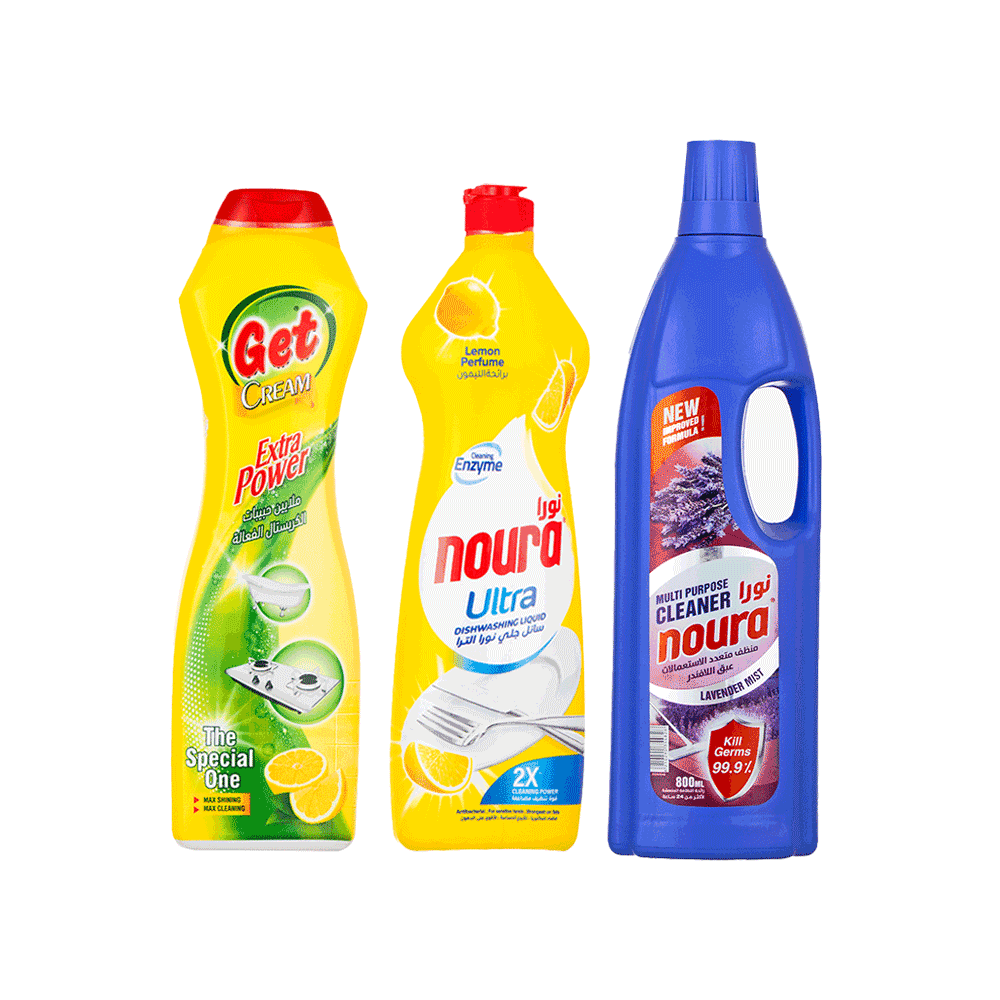 باكج سائل جلي نورا الترا برائحة الليمون 800 مل + كريم جت للأسطح الصلبة برائحة الليمون 500 مل + منظف نورا برائحة عبق اللافندر 800 مل