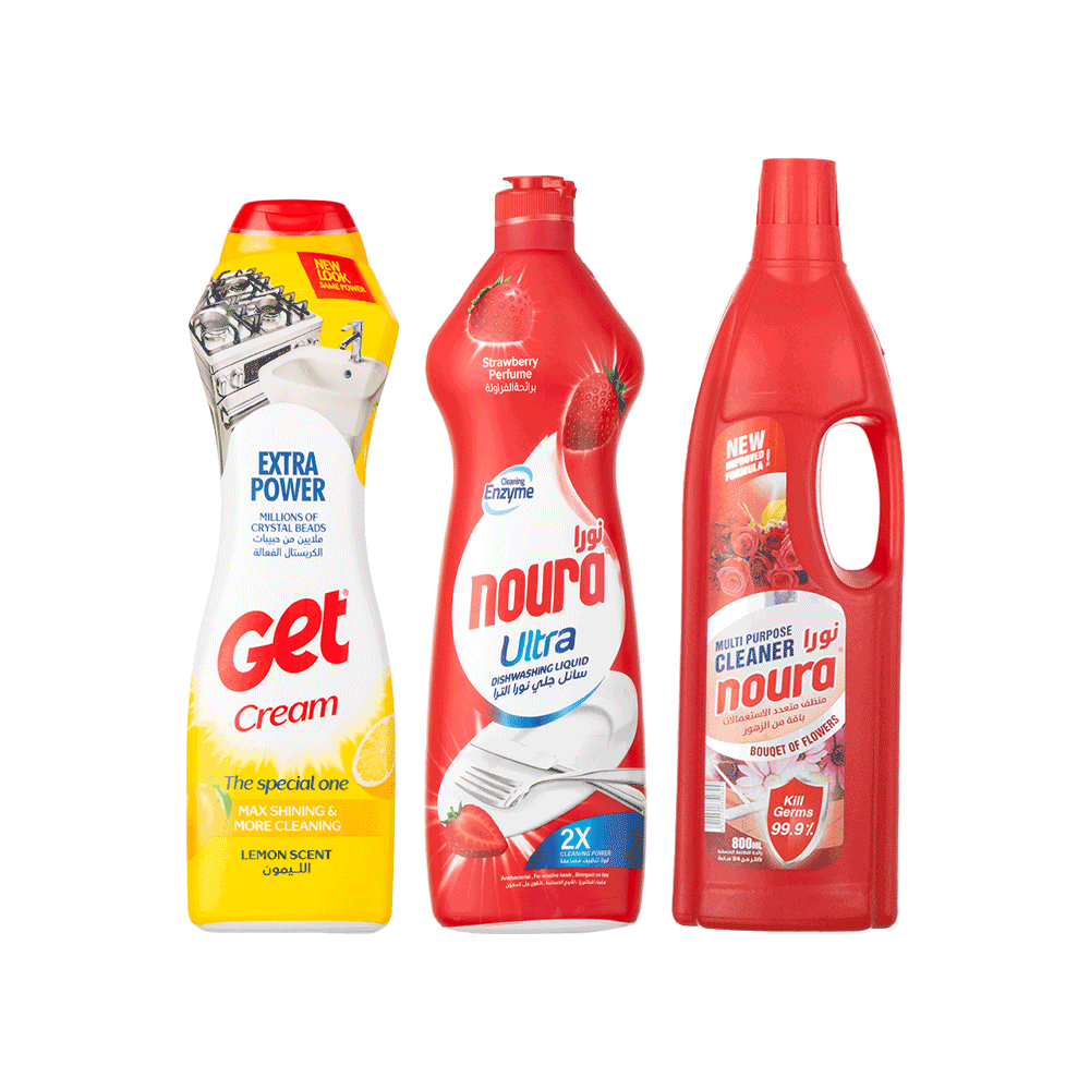 باكج سائل جلي نورا الترا برائحة الفراولة 800 مل + كريم جت للأسطح الصلبة برائحة الليمون 500 مل + منظف نورا باقة من الزهور 800 مل