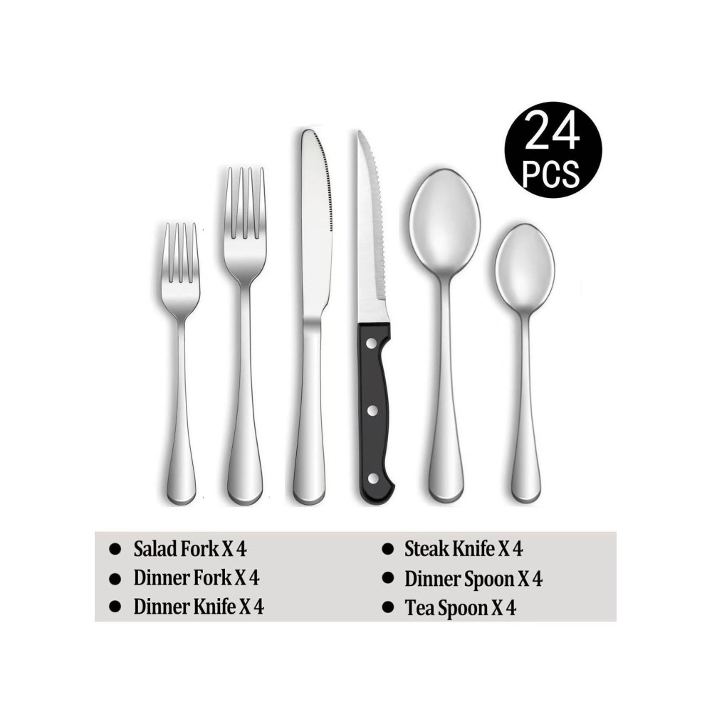 مجموعة أدوات طعام من الفولاذ المقاوم للصدأ 24 قطعة - فضي