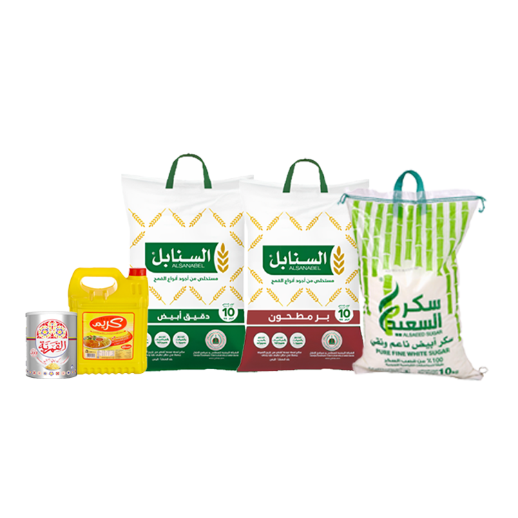 باكج دقيق السنابل أبيض 10 كيلو + بر مطحون السنابل أسمر 10 كيلو + سمن القمرية 3 كيلو + زيت كريم 4 لتر + سكر السعيد 10 كيلو