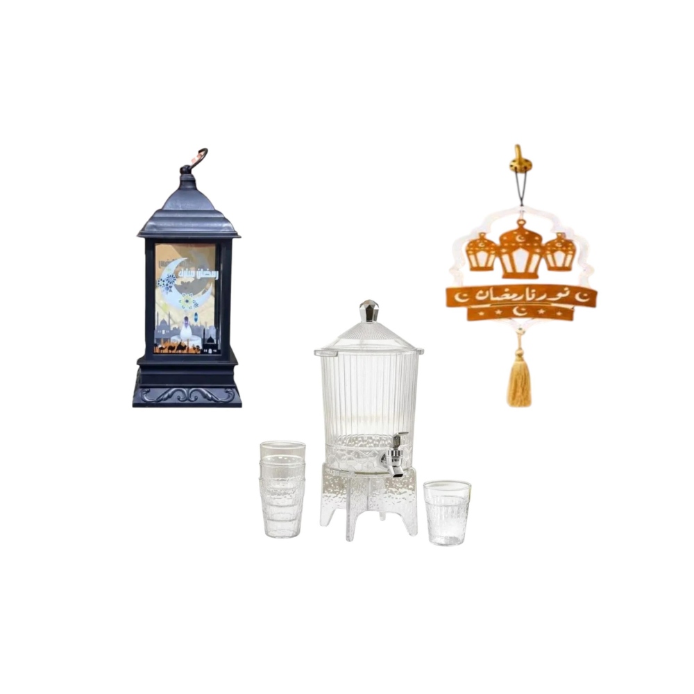باكج الفخامه  فانوس رمضان – الحجم الوسط بإضاءه LED + تعليقات رمضانية خشبية بالحبة + ترمس عصير بقاعدة اكريليك - مع 4 اكواب