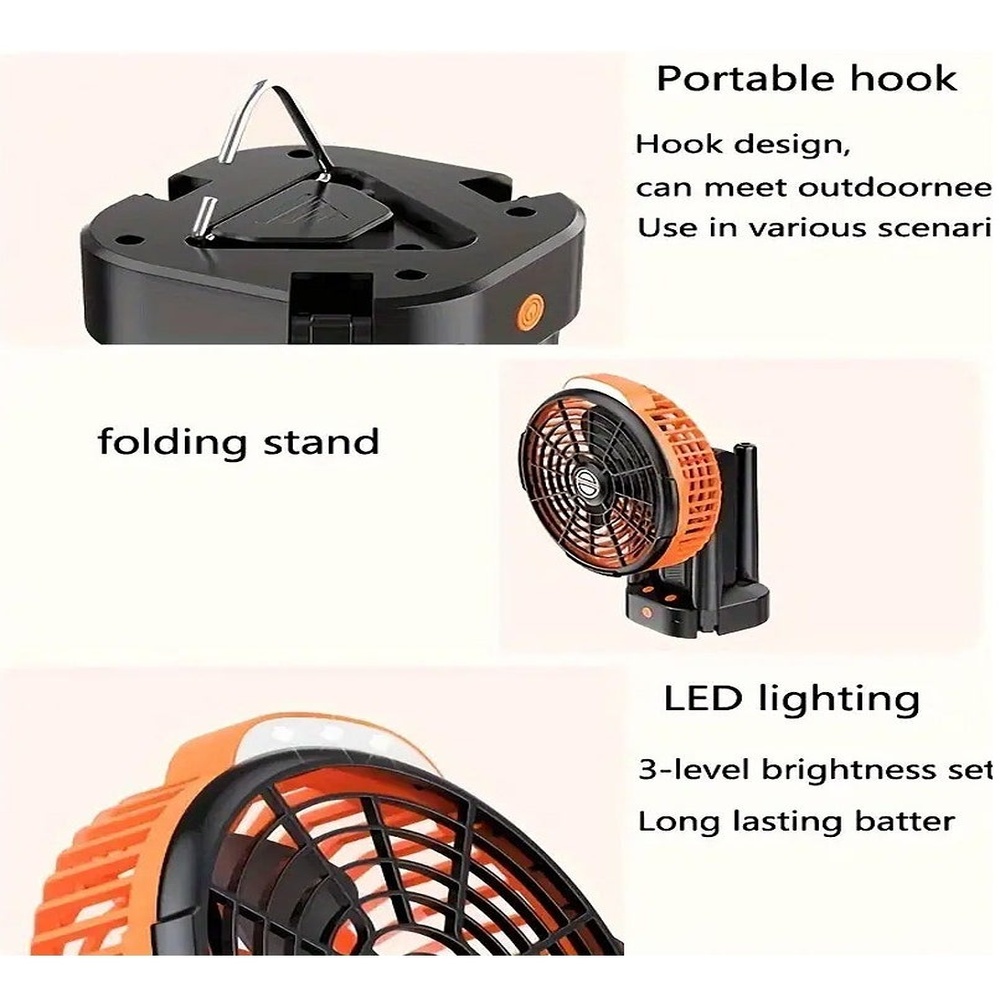 مروحة تخييم محمولة ب 4 سرعات مع ضوء LED وحامل ثلاثي القوائم USB قابل لإعادة الشحن بزاوية 270 درجة قابل للطي