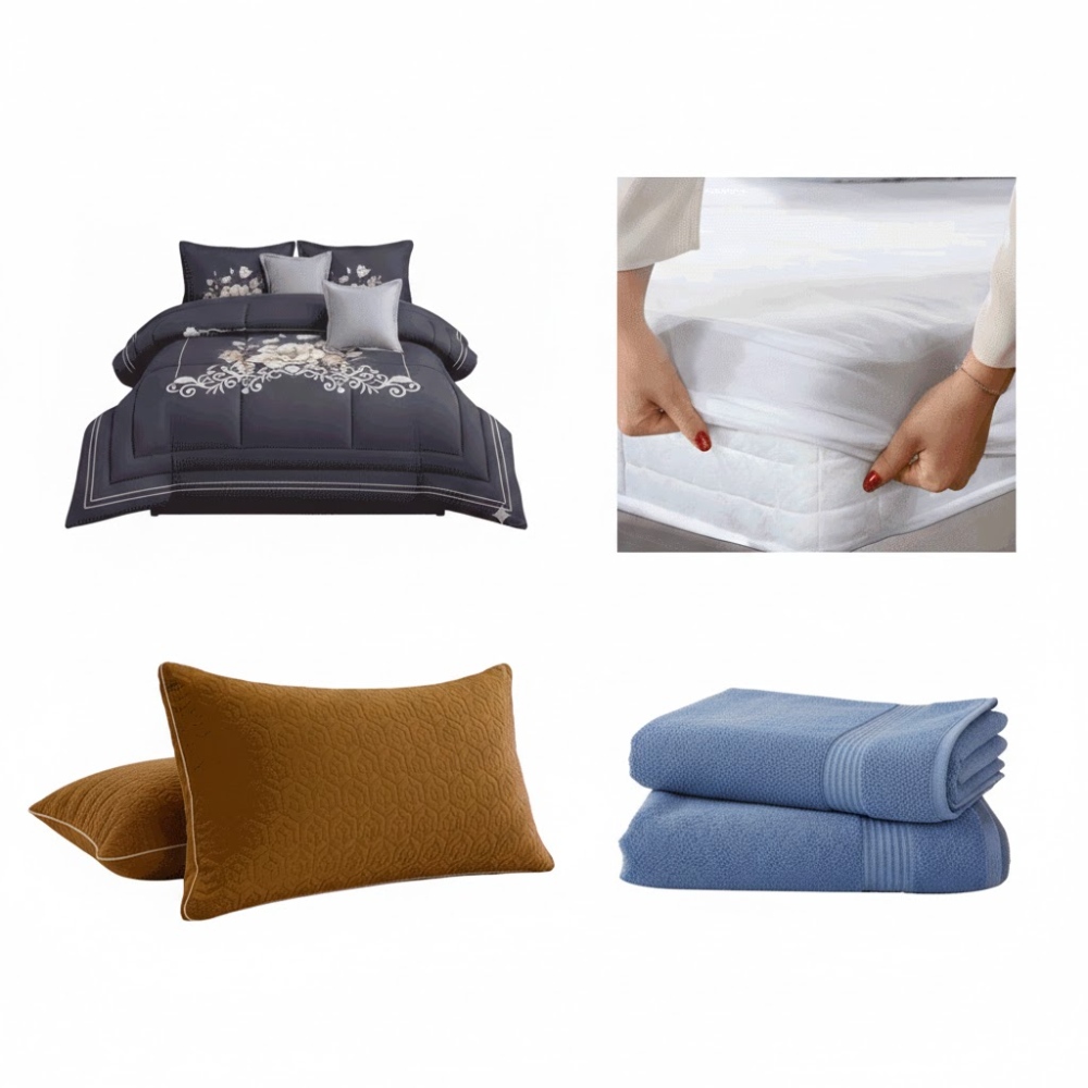 باكج غرف النوم واقي مرتبة الجوده براند مقاس 200×190 +عدد 2 مخدات دبل برايم +لحاف قطن 6 قطع ملكي + عدد 2 مناشف استحمام قطن مصري 
