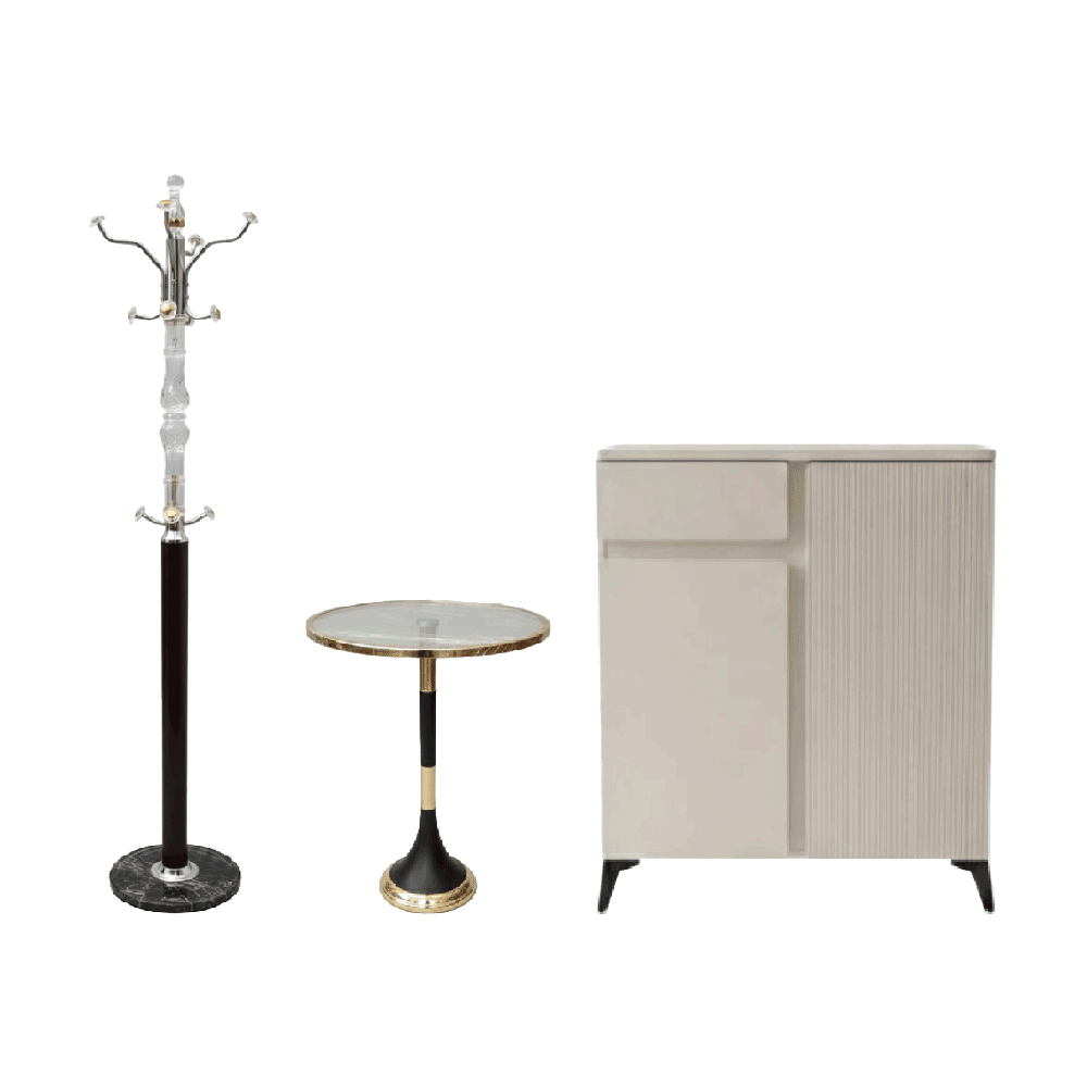 باكج التأثيث جزامة بابين بتصميم مودرن + شماعة تعليق ملكية + طاولة زجاج دائري 