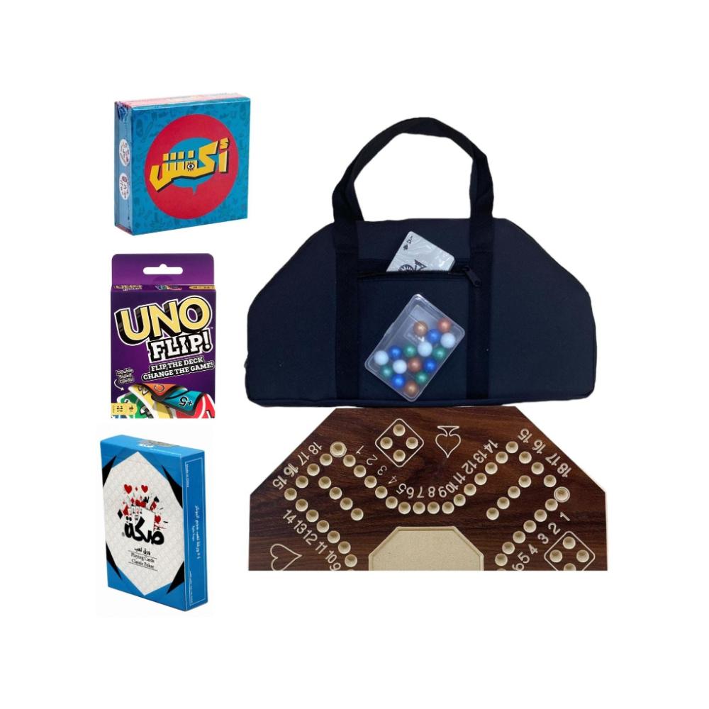 لعبة مرح لعبة جاكارو مرقمة مع شنطة + لعبة اكفش + لعبة اونو فليب + ورق لعب صكة - 4 قطع