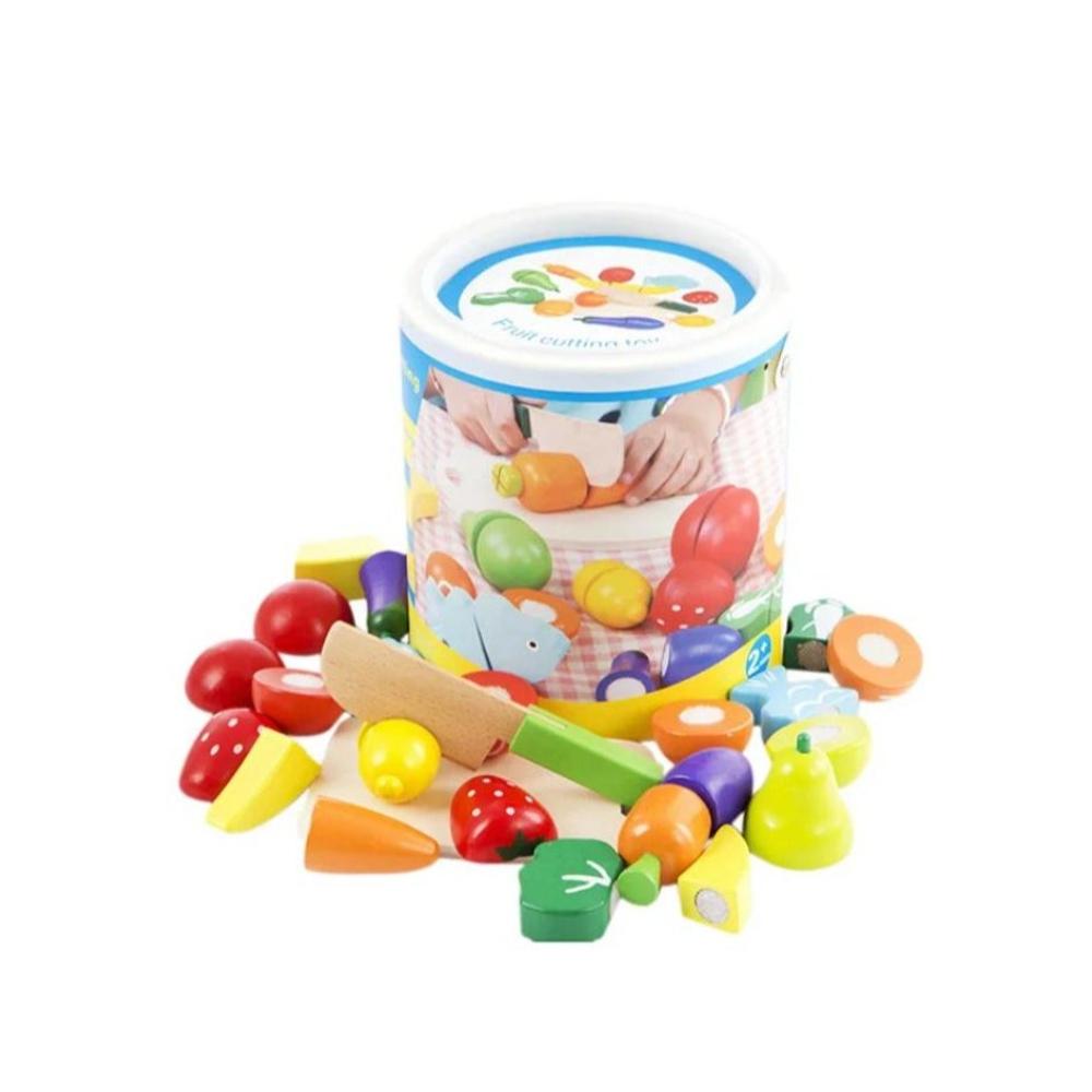 لعبة مرح لعبة تقطيع الفواكه والخضروات مع حقيبة خشبية لعمر سنتين فما فوق