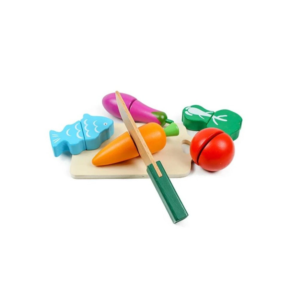لعبة مرح لعبة تقطيع الفواكه والخضروات مع حقيبة خشبية لعمر سنتين فما فوق