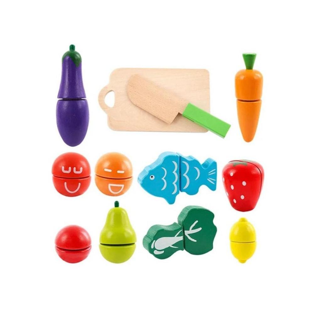 لعبة مرح لعبة تقطيع الفواكه والخضروات مع حقيبة خشبية لعمر سنتين فما فوق