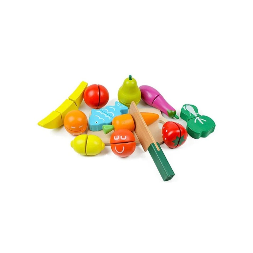 لعبة مرح لعبة تقطيع الفواكه والخضروات مع حقيبة خشبية لعمر سنتين فما فوق