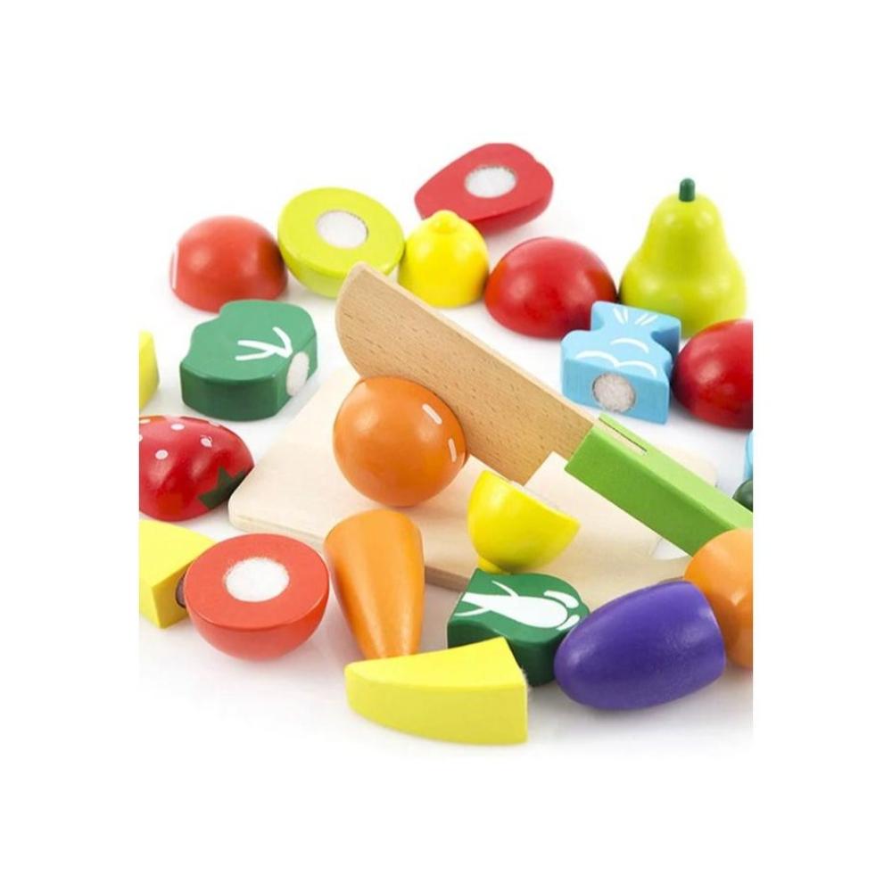 لعبة مرح لعبة تقطيع الفواكه والخضروات مع حقيبة خشبية لعمر سنتين فما فوق