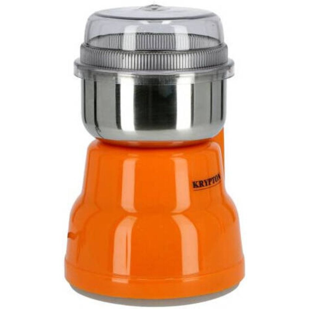مطحنة قهوة كريبتون، محرك 200 واط، شفرات من الفولاذ المقاوم للصدأ، طلاء غير لاصق، سعة 80 جرام، وظيفة تخزين السلك، غطاء شفاف، برتقالي/فضي - KNCG6201