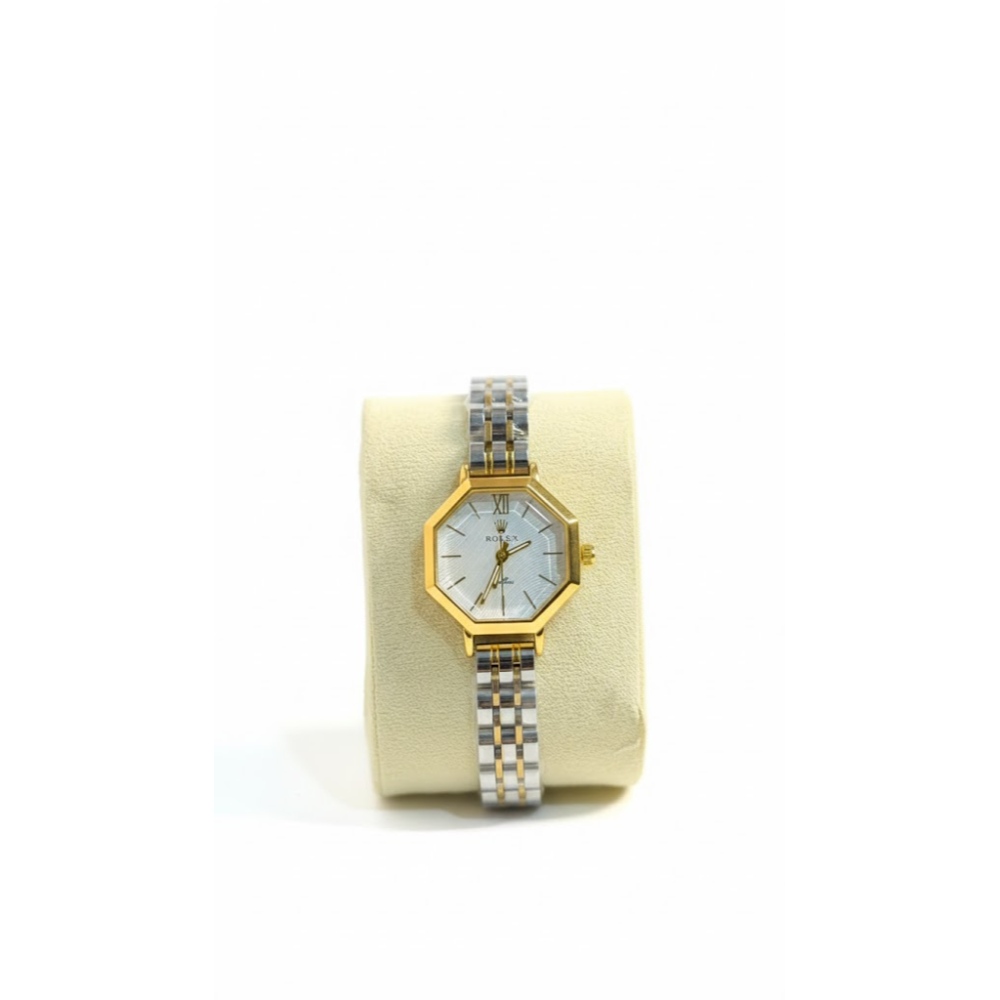 ساعة رولكس نسائي كوبي ابيض اطار سداسي ذهبي سلس فضي