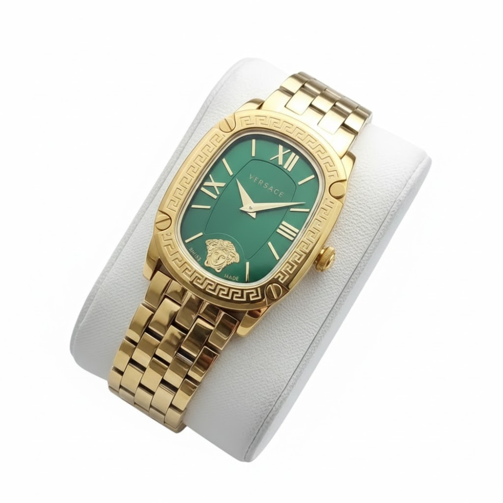 ساعة فيرزاتشي نسائي كوبي اخضر وبإطار و سلس ذهبي