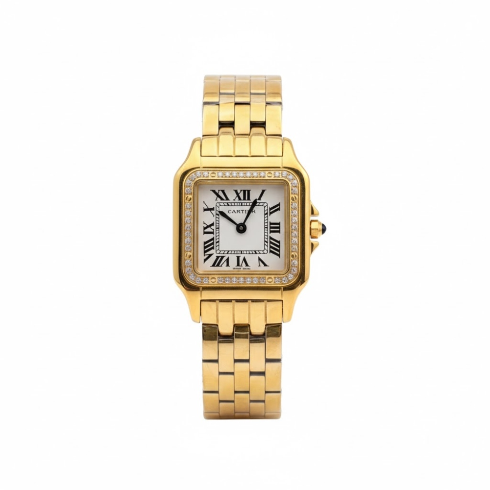 ساعة كارتير نسائي هاي كوبي بخلفية بيضاء و بإطار و سلس ذهبي مرصع بالشكل الألماسي
