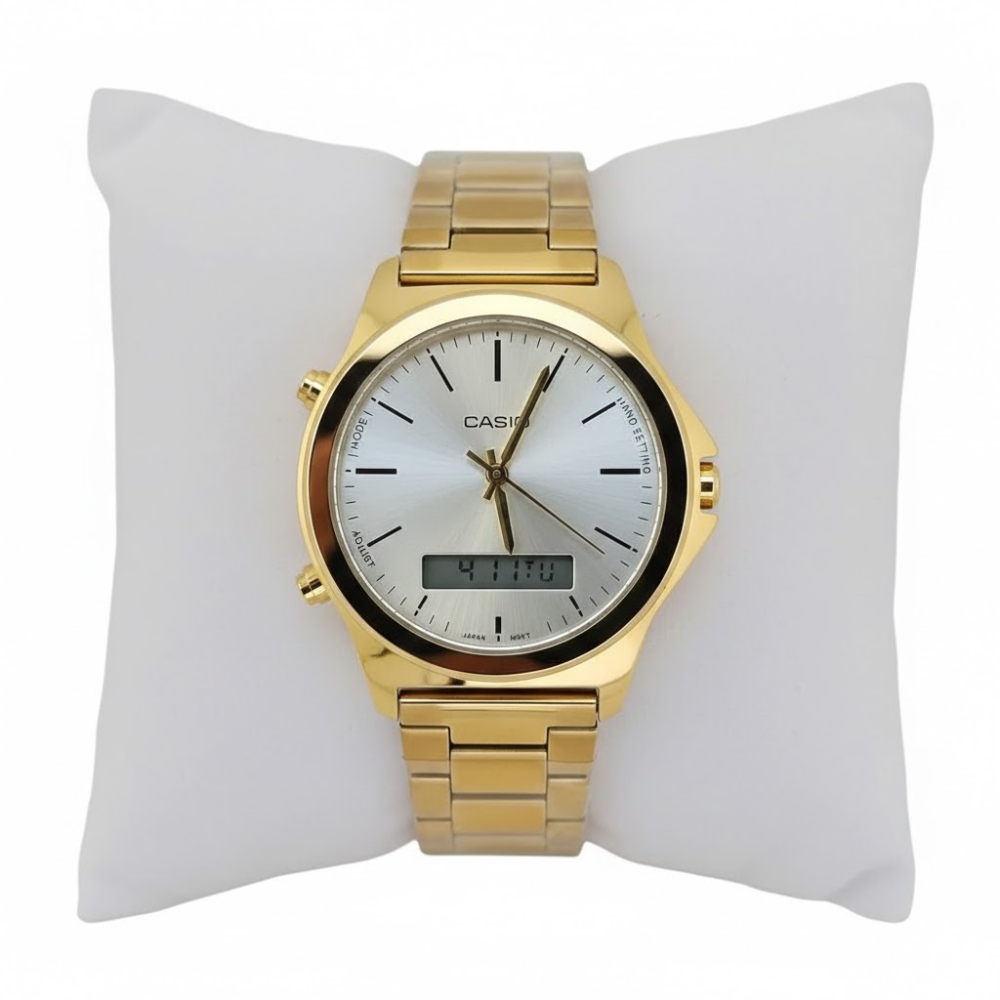 ساعة كاسيو رجالي كوبي بخلفية فضي و اطار و سلس ذهبي