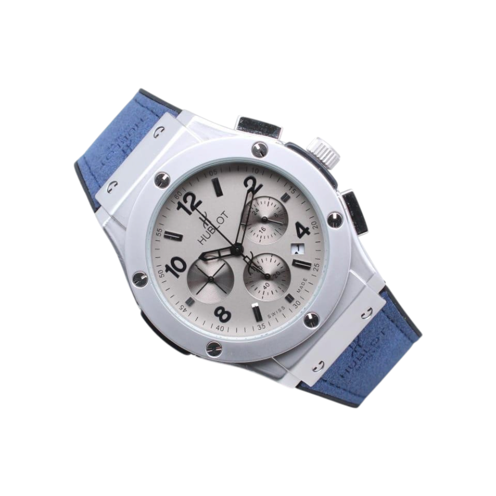 ساعة يد هوبلت رجالي حركه توماتيكيه كوبي رمادي فاتح اطار رصاصي جلد ازرق