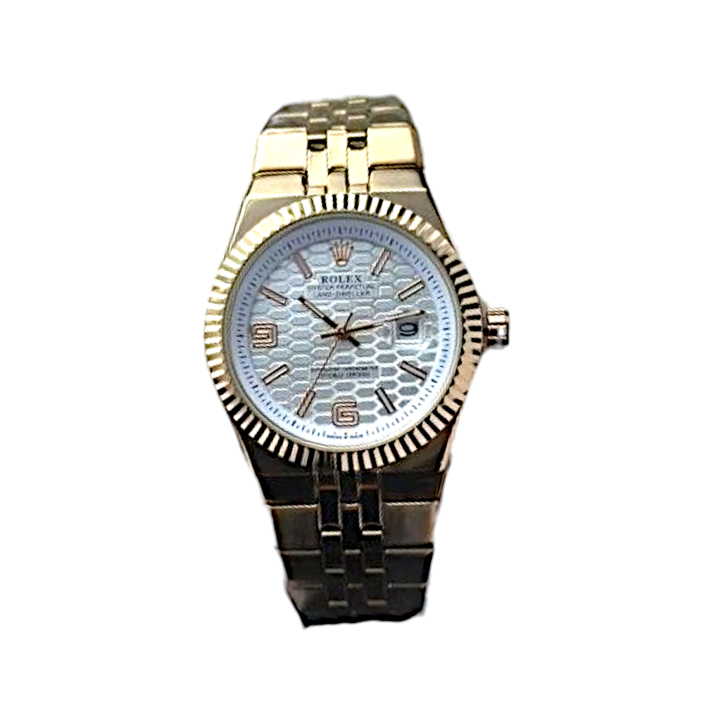 ساعة يد رولكس رجالي شكل جديد كوبي ابيض اطار ذهبي سلس ذهبي