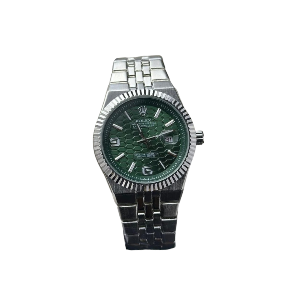ساعة يد رولكس رجالي شكل جديد كوبي اخضر داكن اطار فضي سلس فضي