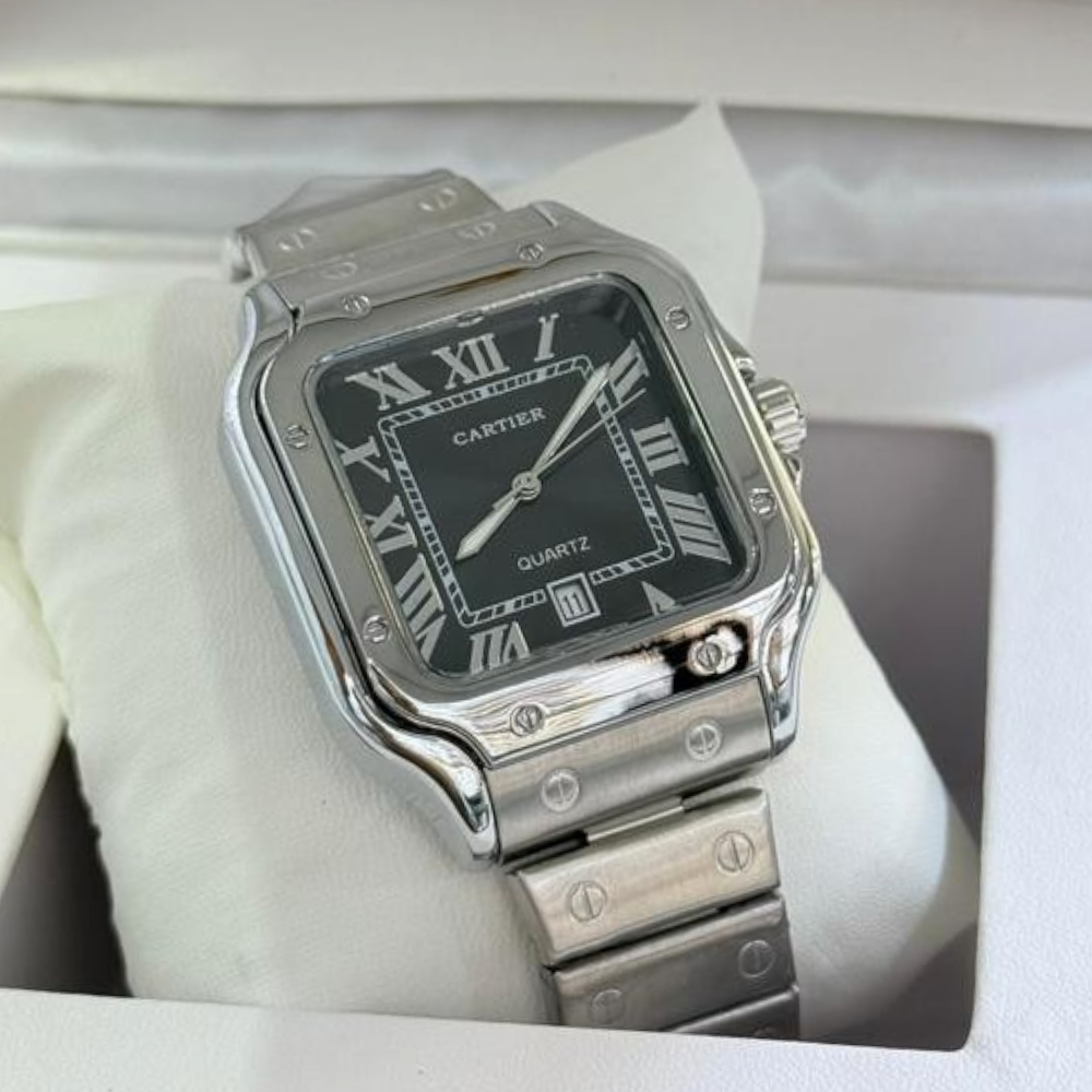 ساعة كارتير رجالي كوبي اسود اطار فضي سلس فضي