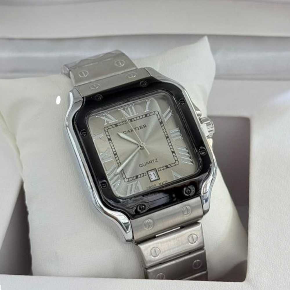 ساعة كارتير رجالي كوبي فضي اطار اسود سلس فضي