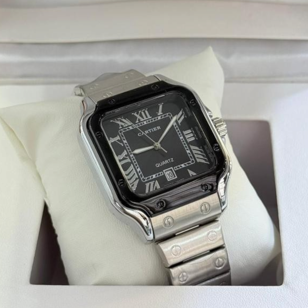 ساعة كارتير رجالي كوبي اسود اطار اسود سلس فضي