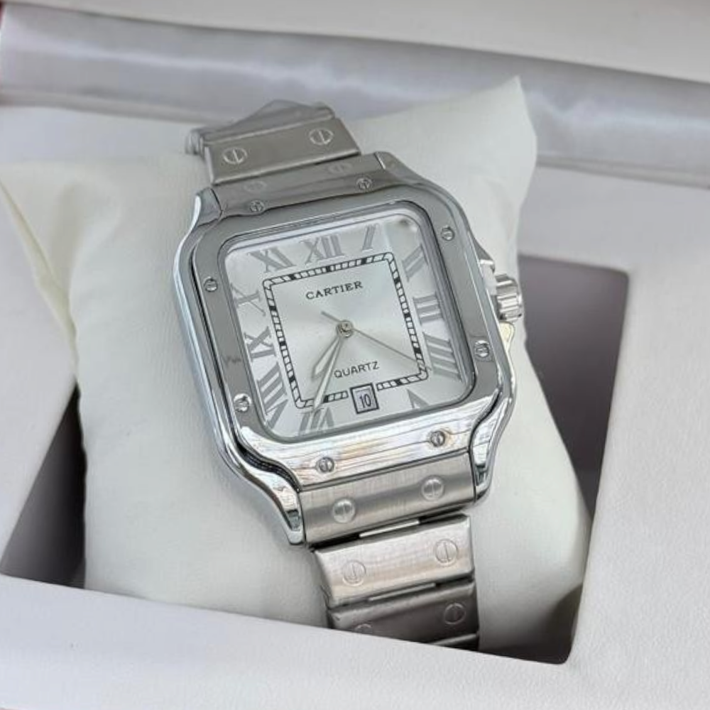 ساعة كارتير رجالي كوبي رصاصي اطار فضي سلس فضي