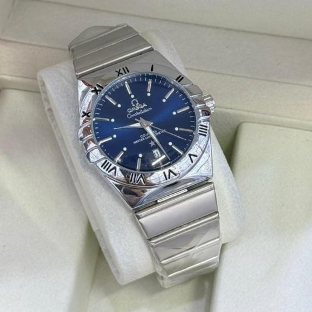 ساعة اوميجا رجالي كوبي كحلي اطار فضي سلس فضي