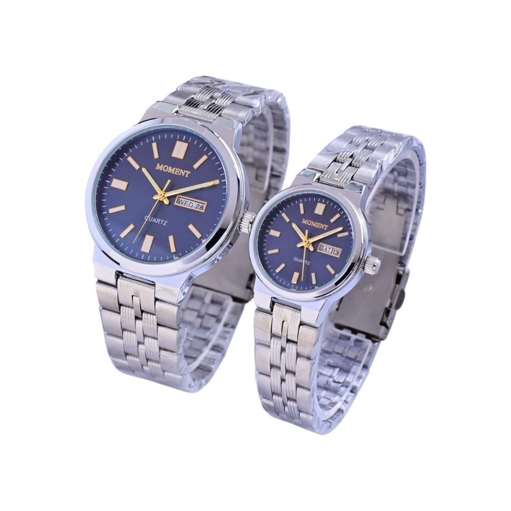ساعات يد اطقم رجالي ونسائي مومنت كوبي كحلي اطار فضي سلس فضي