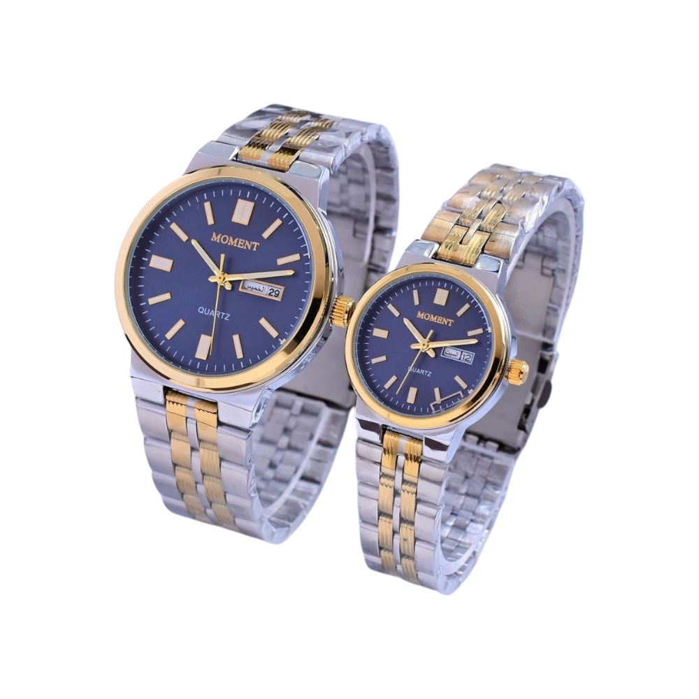 ساعات يد اطقم رجالي ونسائي مومنت كوبي كحلي اطار ذهبي سلس فضي مغذى ذهبي