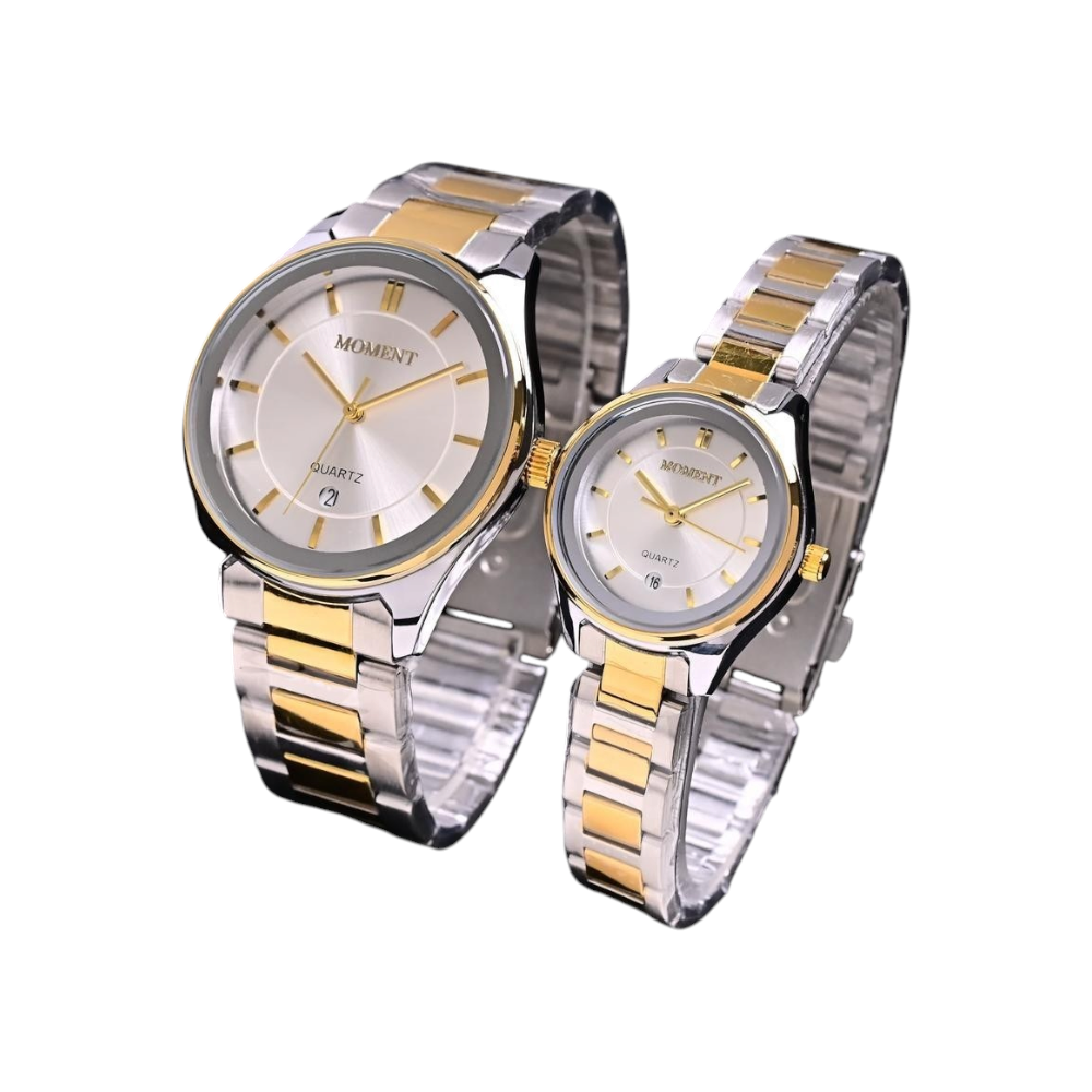 ساعات يد اطقم رجالي ونسائي مومنت كوبي رصاصي اطار فضي سلس فضي مغذى ذهبي