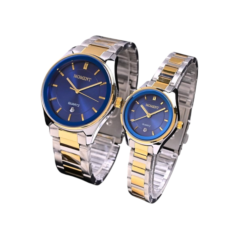 ساعات يد اطقم رجالي ونسائي مومنت كوبي كحلي اطار ذهبي سلس فضي مغذى ذهبي