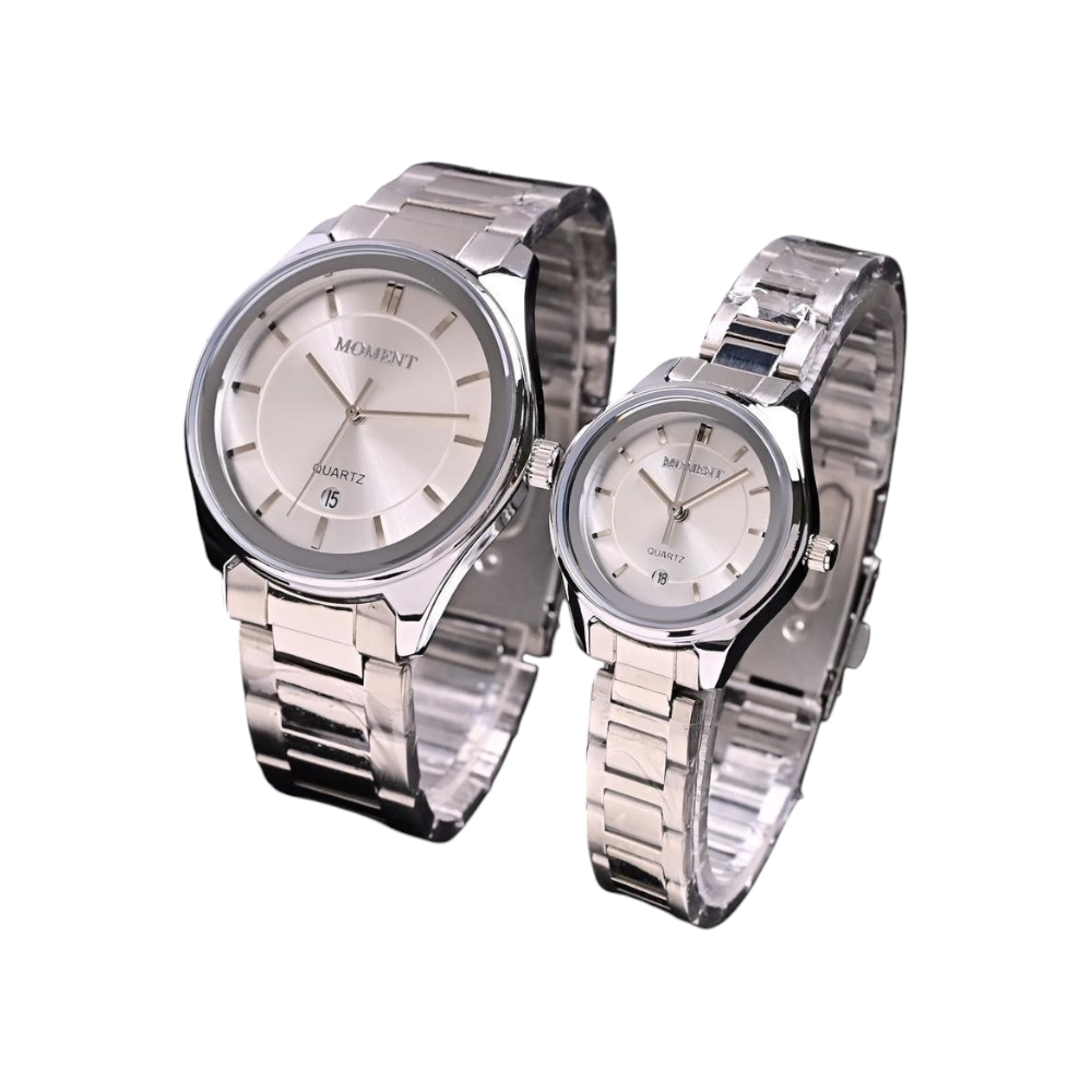 ساعات يد اطقم رجالي ونسائي مومنت كوبي رصاصي اطار فضي سلس فضي