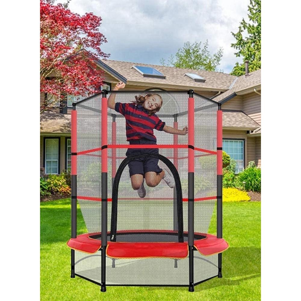  لعبة ترامبولين للأطفال مع سياج داخلي وخارجي بطول 5.5 قدم - أحمر