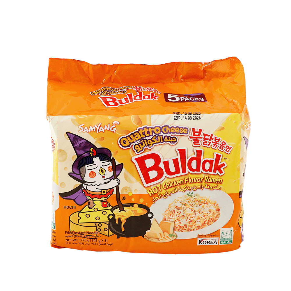 مكرونة كورية بولداك بنكهة الدجاج الحار مع جبنة الكواترو - 140جم × 5 حبات