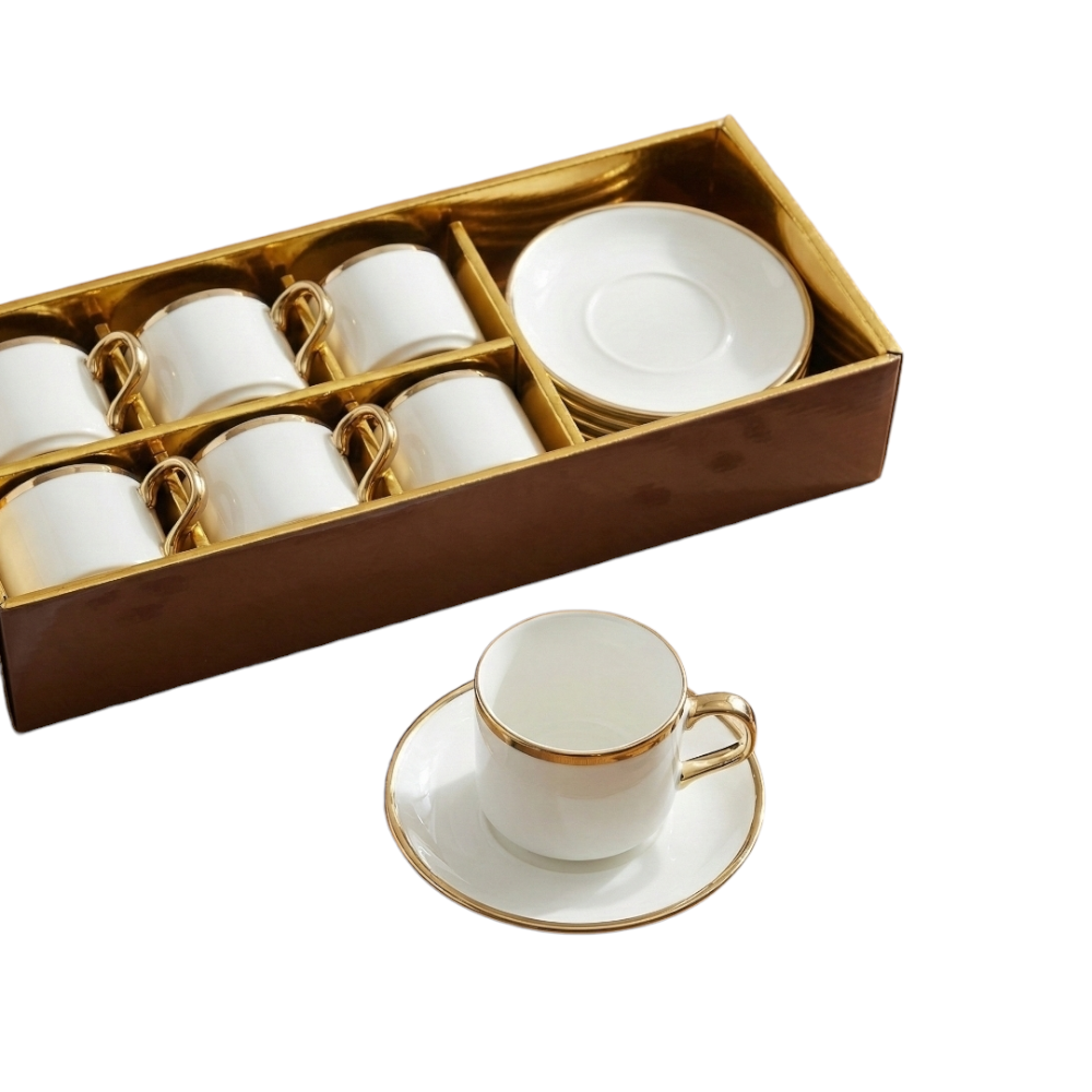 طقم أكواب قهوة سيراميك أبيض بحزام ذهبي مع الصحن