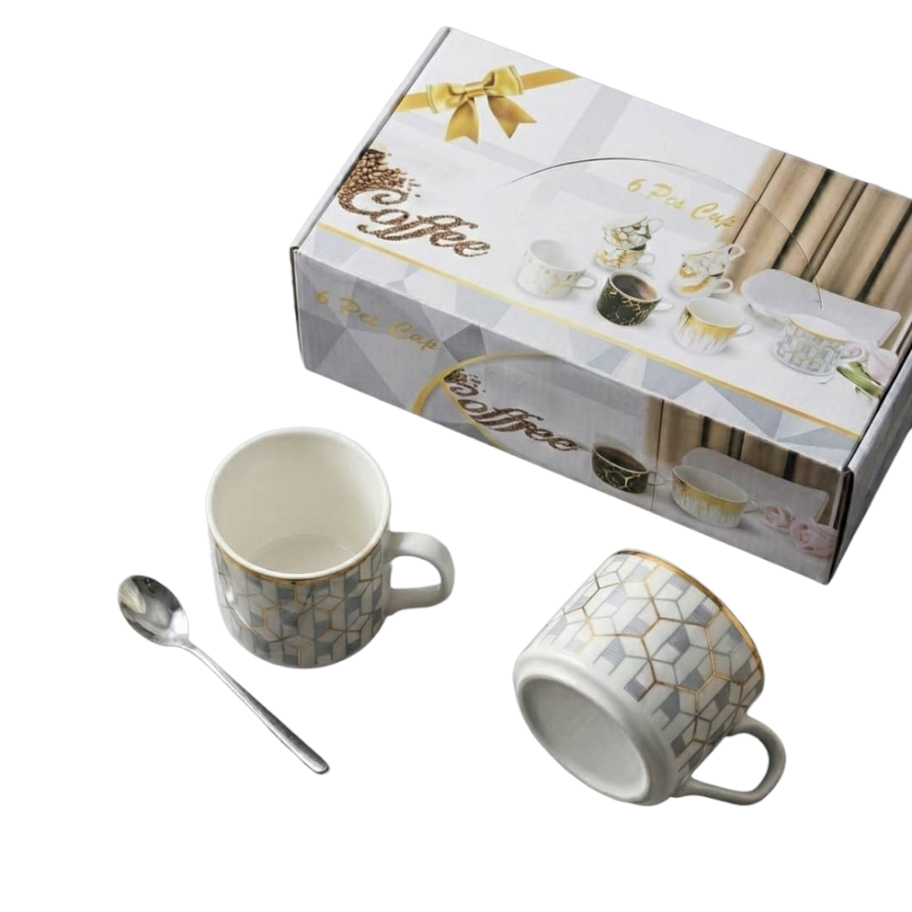 طقم اكواب شاي سيراميك منقوش بدون صحون - 6 حبات