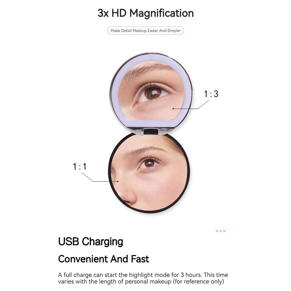 مرآة مكياج قابلة للطي مع ضوء LED وشاحن USB - 7.5*7.5*2 سم