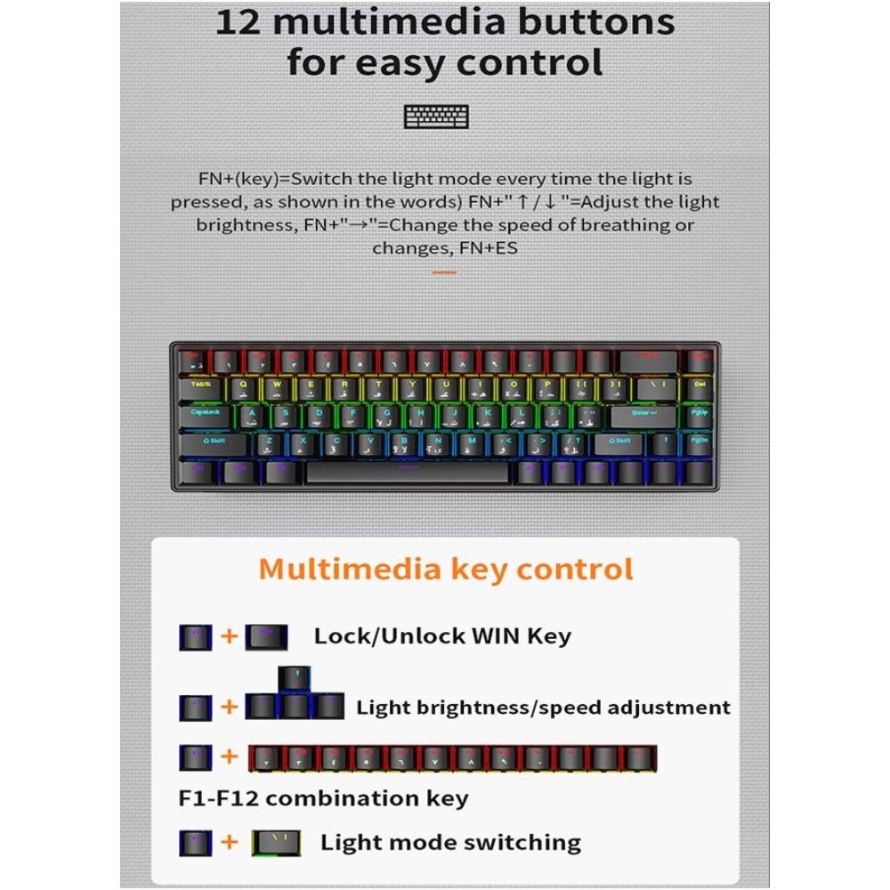 لوحة مفاتيح ألعاب ميكانيكية 68 مفتاح عربي إنجليزي - أزرق أسود