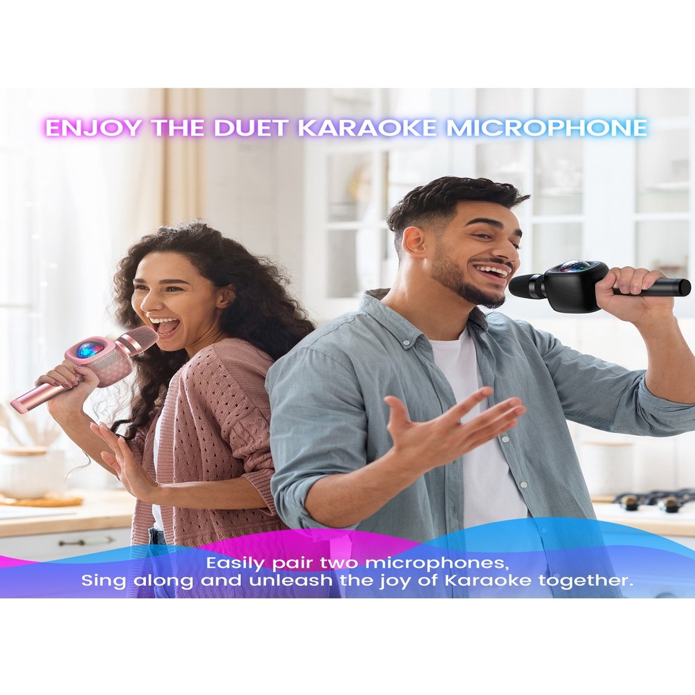 ميكروفون كاريوكي لاسلكي يعمل بالبلوتوث ومكبر صوت مع كرة ديسكو مضيئة، 4 أوضاع لتغيير الصوت، ميكروفون محمول ومكبر صوت للحفلات للبالغين والأطفال - وردي
